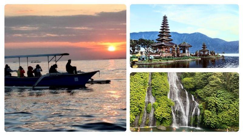 perahu dolphin lovina dengan latar belakang matahari terbit, pura ulun danu dan air terjun Banyumala.